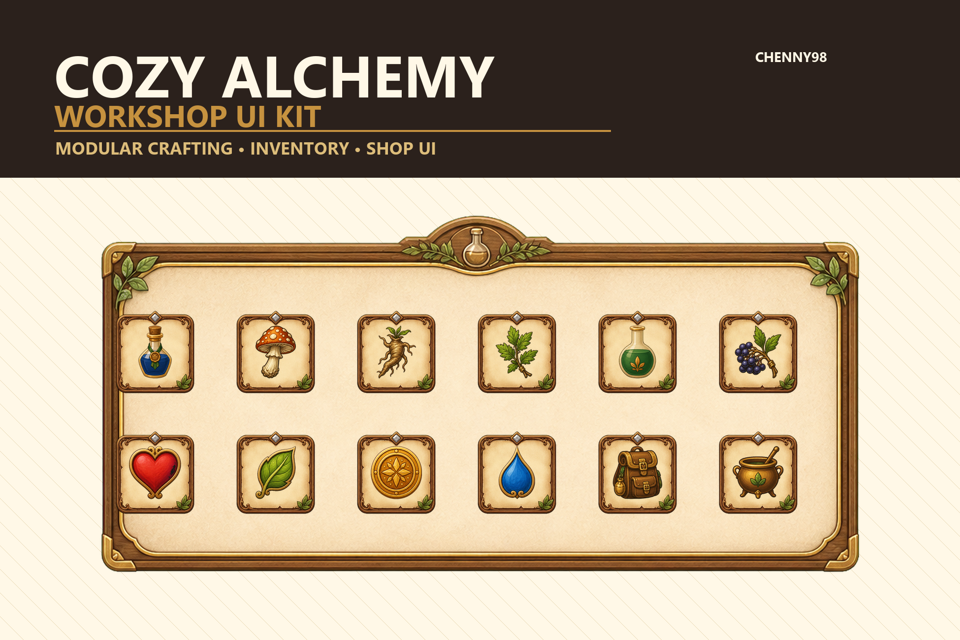 Cozy Alchemy Workshop interface panels, controls, slots, meters, and icons