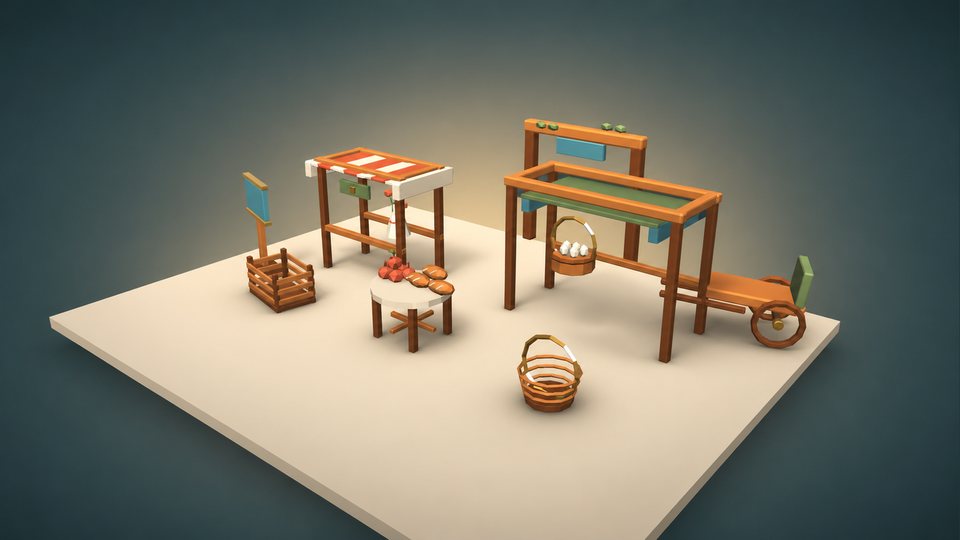 Cozy Marketcraft low-poly market scene with stalls, canopy, baskets, produce, signs, table, and hand cart