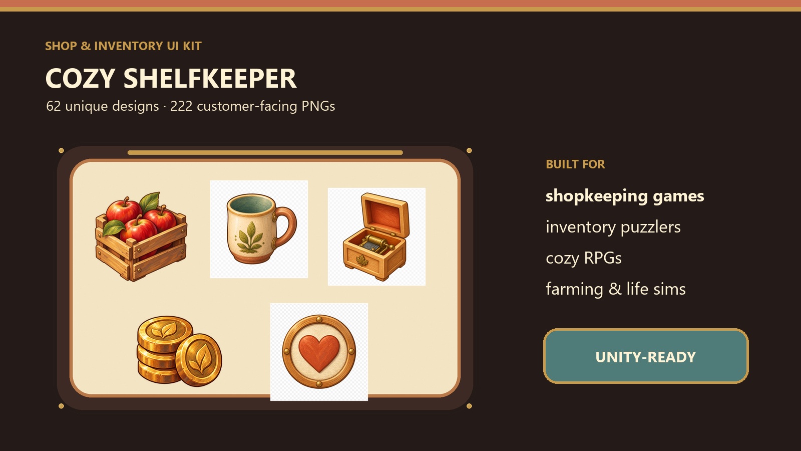 Cozy Shelfkeeper shop and inventory UI kit showing goods, commerce controls, and inventory states