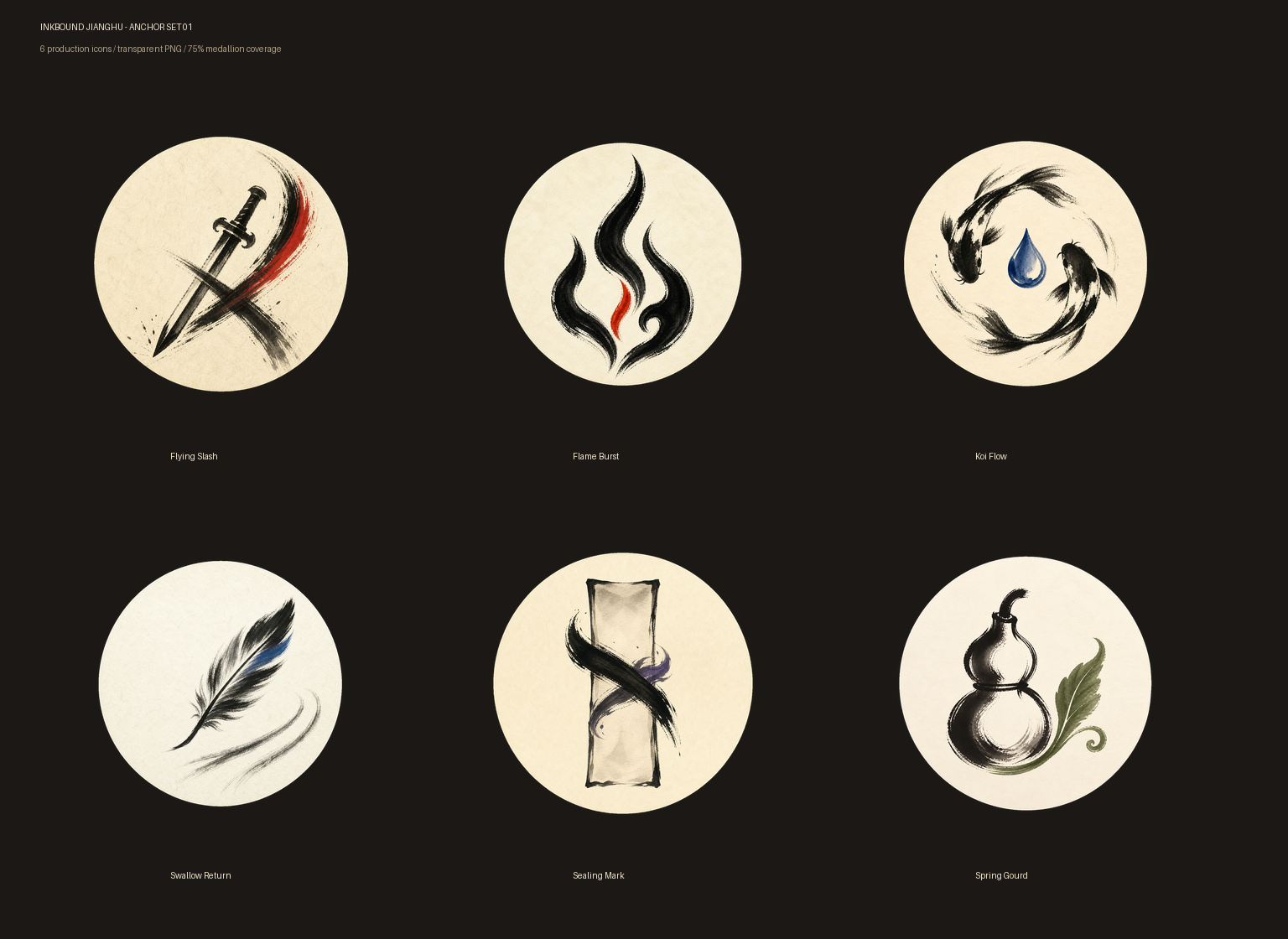 Six sample icons from the Inkbound Jianghu skill icon pack