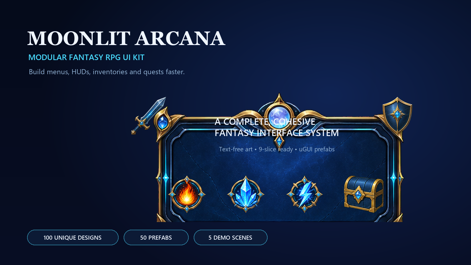 Moonlit Arcana modular fantasy RPG interface kit showing panels, icons, and HUD elements