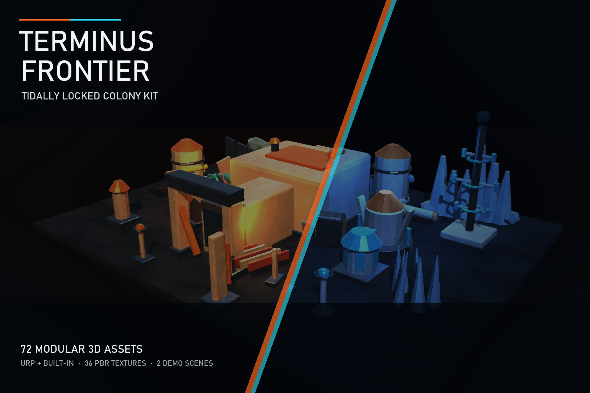 Terminus Frontier tidally locked science-fiction colony shown across orange dayward and cyan nightward zones