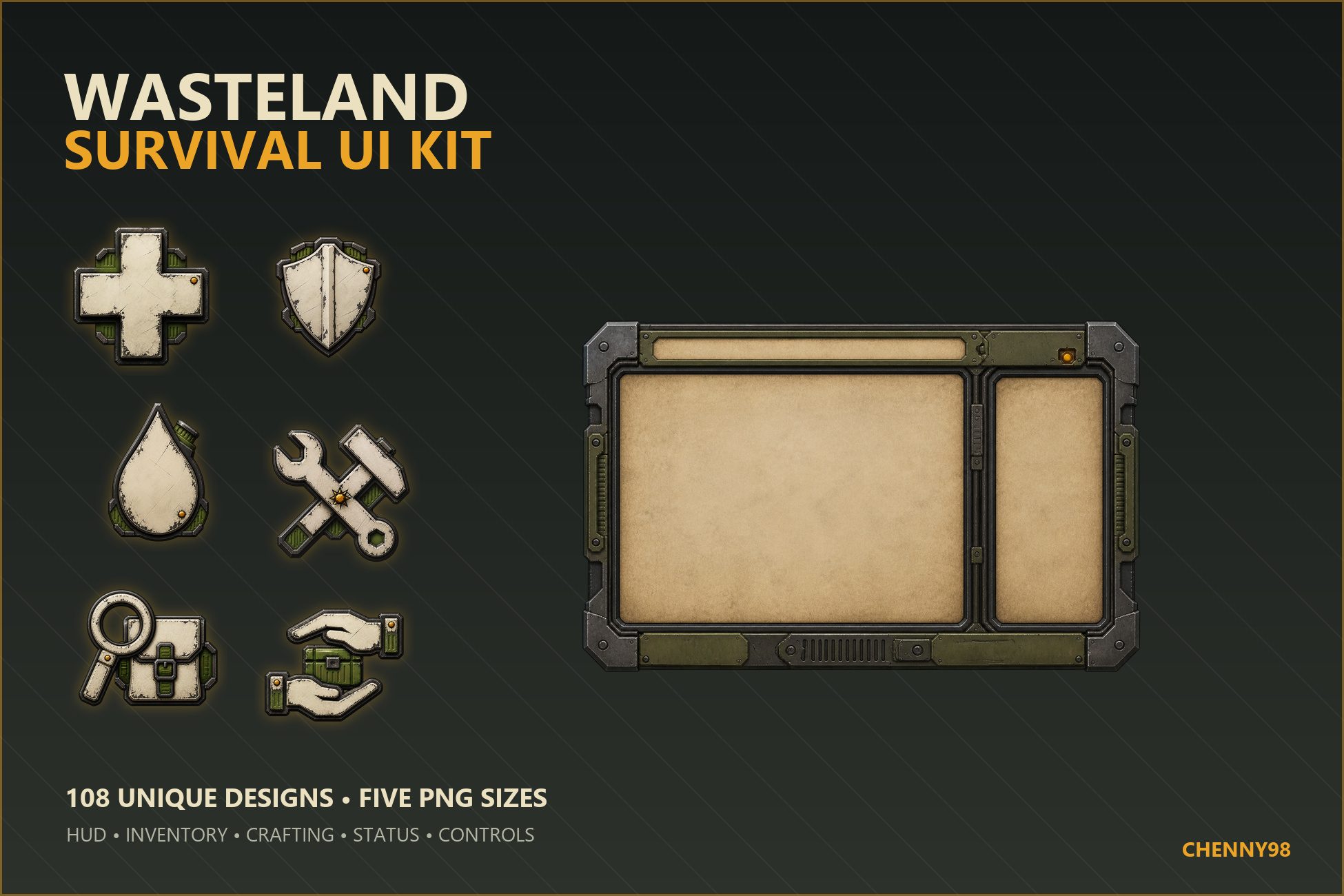 Wasteland Survival UI Kit showing rugged HUD panels, controls, inventory frames, and status icons